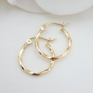 Dainty 14K Yellow Gold Twisted Hoop Earrings - 15MM - 1.5MM Thick - Unique and Versatile - For Everyday - Shiny and Modern