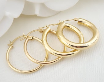 Real 14k Gold  Plain Polished Hoop Earrings - 1 Inch - 25MM -  4MM, 3MM, 2MM, 1.5MM Thick  - Perfect Gift- For Her