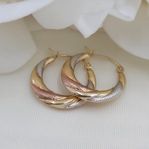 14K Tri-Color Gold Hoop Earrings - White, Yellow, Rose - Small Hoops - Real Gold