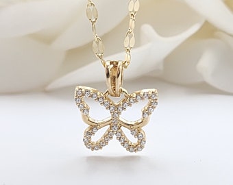 Solid 14k Gold Butterfly Charm Necklace - Curved Mirror Chain - CZ - Shiny & Sparkling - Perfect Gift For Her