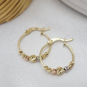 Solid 14k Tricolor Gold Beads Hoops  Earrings - Small size - 19MM - Shiny & Modern - Perfect Gift