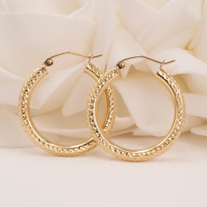 Real 14k Gold Fully Diamond Cut 3mm Thick Hoop Earrings - 35MM - 25MM - 20MM- Sparkling - Fine Jewelry For Her - Perfect Gift
