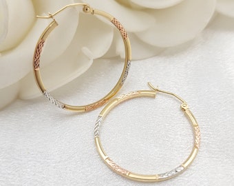 Lightweight 14k Gold Tricolor Hoops Earrings - 30mm Thin Hoops - Elegant & Versatile - Perfect Gift For Her