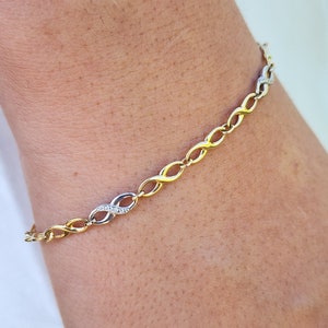 Real 14k Gold Infinite Bracelet - 7.25 Inches - White and Yellow Gold - 4MM Thick - For Her
