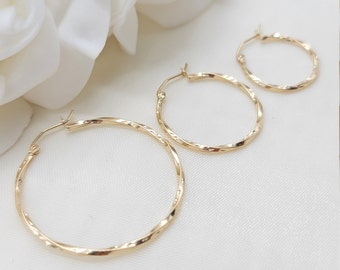 14K Yellow Gold Twisted Hoop Earrings - Unique and Versatile - For Everyday - Shiny