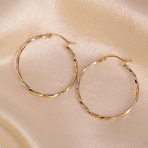 14k White and Yellow Gold Thin Twisted Hoops Earrings - 30MM - Lightweight & Modern - Perfect For Delicate look - Perfect For Her