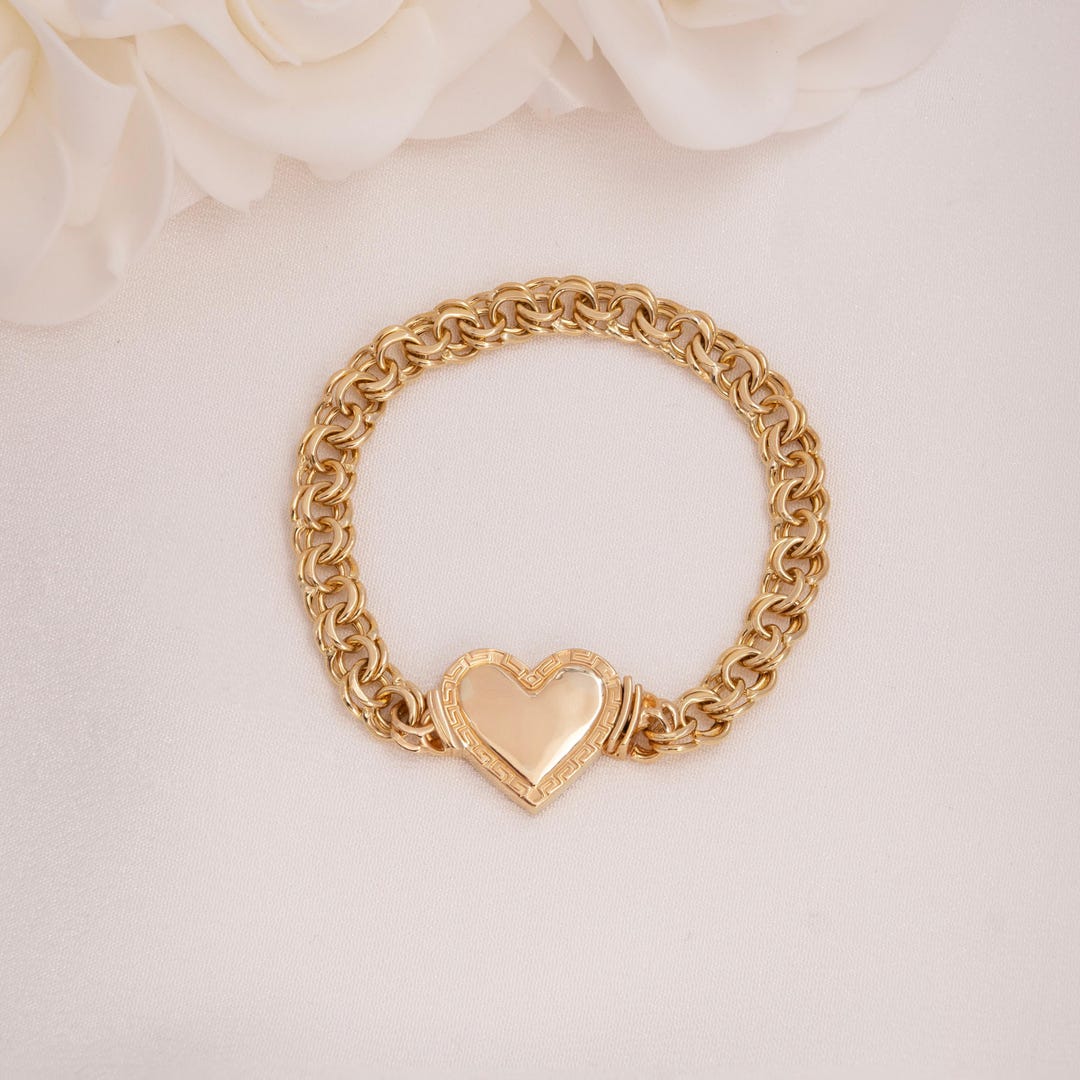 Thick 14k Gold Chino Link Heart Lock Bracelet - 7.9mm - 7.5 Inches