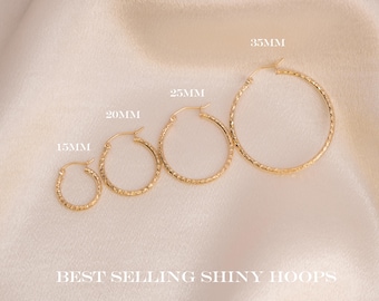 Real 14k Gold Fully Diamond Cut Hoop Earrings - 35MM, 25MM, 20MM, 15MM - Sparkling - Fine Jewelry For Her - Perfect Gift