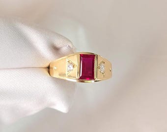 Vintage 14k Gold Baguette Cut Simulated Ruby Ring - Size 7 - 3.2 grams