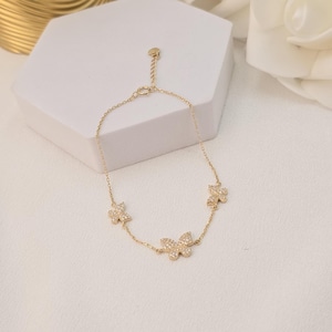 Dainty 14k Gold Pave Butterfly Charms Bracelet - Adorable Gift For Her - Adjustable - Birthday, mother&#39;s day, Christmas Gift