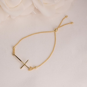 Pulsera de cruz de oro de 14k totalmente ajustable - 19 a 15 cm - Oro macizo - Elegante y minimalista - Joyería fina de oro