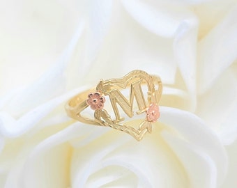 Solid 14k Gold Flor Heart Initial Ring - A to Z - Yellow and Rose Gold - For Women