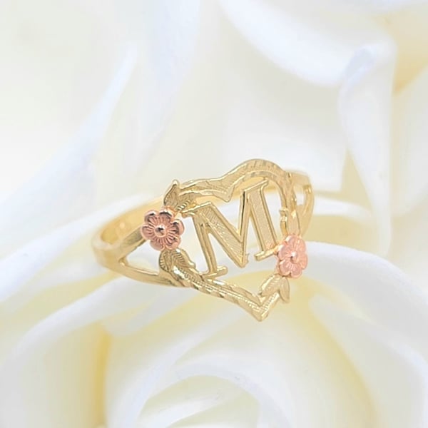 Solid 14k Gold Flor Heart Initial Ring - A to Z - Yellow and Rose Gold - For Women