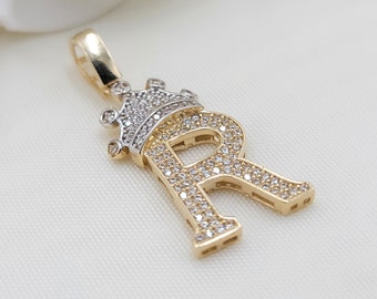 14k Gold Large Crown Initial Pendant - CZ - Real 14k Gold - Unisex - 3D