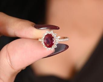 14K Real Gold Sunburst Ring • Simulated Ruby Stone • Elegant Gold Ring • Fine Jewelry Gift for Her