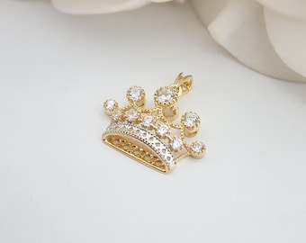 Collar con dije de corona 3D de oro macizo de 14k Cadena de caja