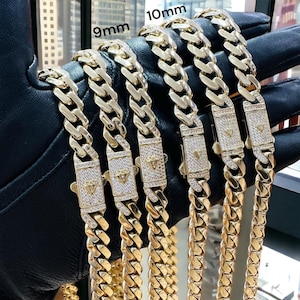 Real 14K Gold Polished  Monaco Link Chain - CZ Box Lock - 9mm, 10mm - Unisex - Hollow