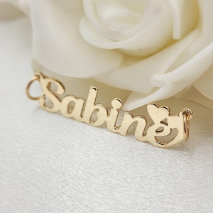 Solid Gold Handmade Nameplate With Heart Pendant - Polished Gold Nameplate - 10k, 14k - Real Gold