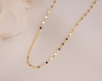 Dainty 14k Gold Mirror Chain - Hammered Necklace - Minimalist Fine Jewelry - Gift For Her