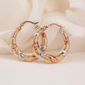 14k Tricolor Gold Croissant Hoop Earrings - 22mm - 3.5mm Thick - Shiny & Modern - Perfect Gift For Her -