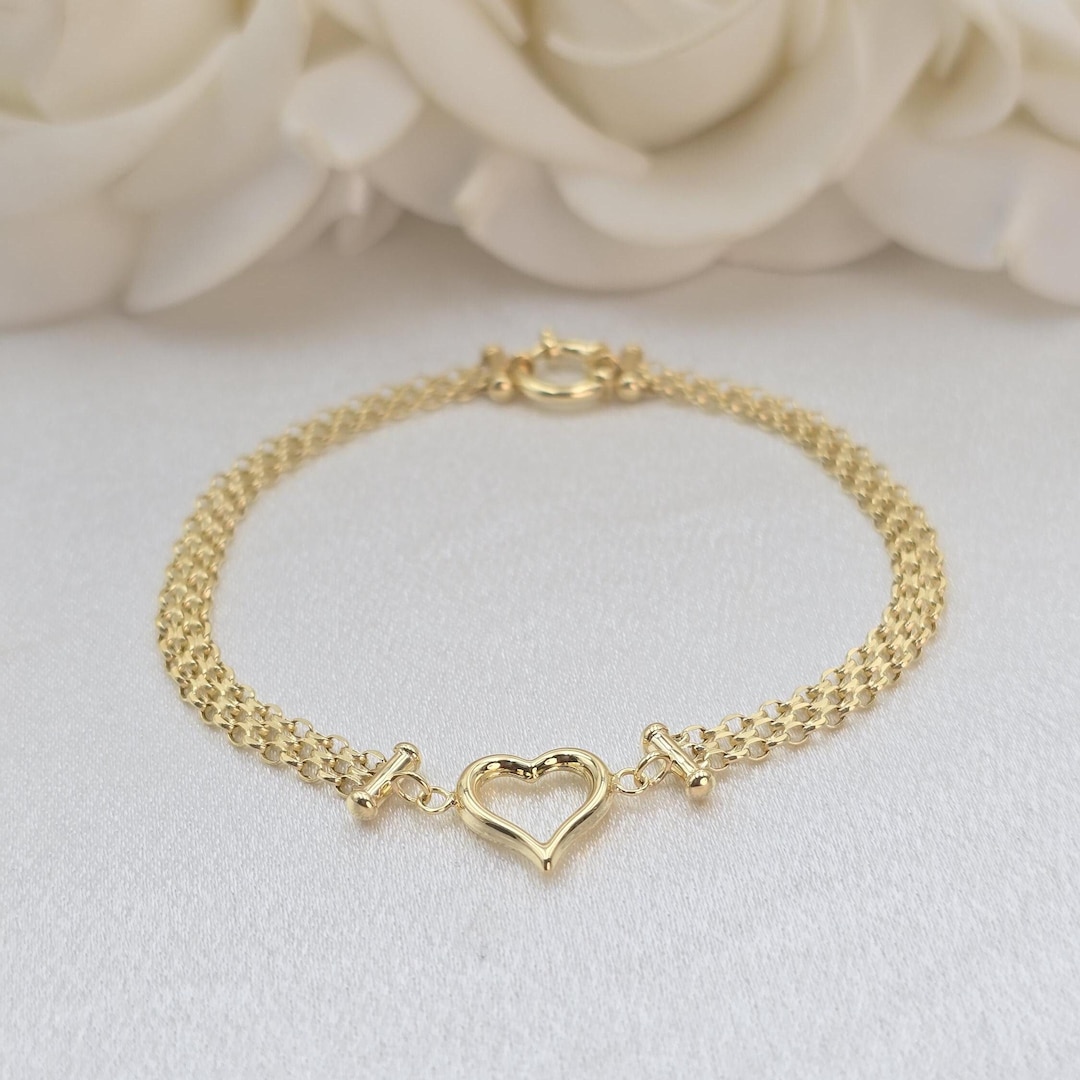 Solid 14k Gold Bismarck Heart Bracelet 4MM Elegant