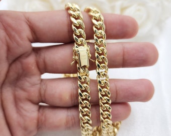 Cadena cubana Miami de oro auténtico de 14 quilates, 7,5 mm de grosor y cierre de caja.