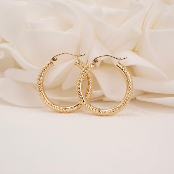 Real 14k Gold Fully Diamond Cut 3mm Thick Hoop Earrings - 35MM - 25MM - 20MM- Sparkling - Fine Jewelry For Her - Perfect Gift