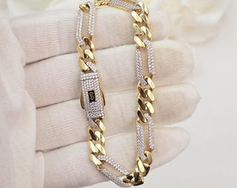 14k Gold Plated Iced Figaro Pig Nose Link Bracelet 13mm 8” Premium