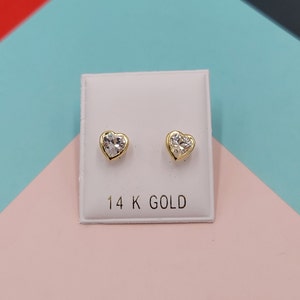 Solid 14k Gold 6mm clear Zirconia diamond heart stud Earrings for kids and women - Adorable - perfect gift - April birthstone