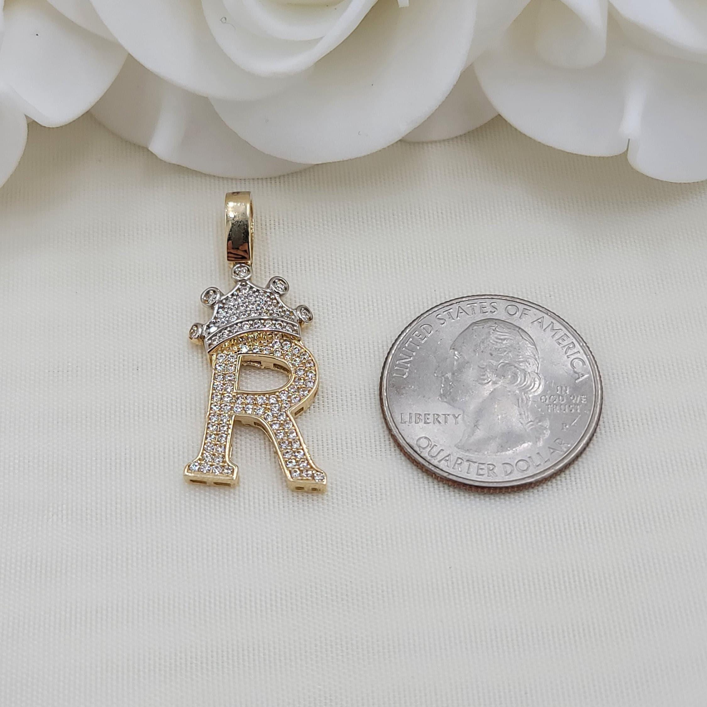 14k Gold Large Crown Initial Pendant - CZ - Real 14k Gold - Unisex