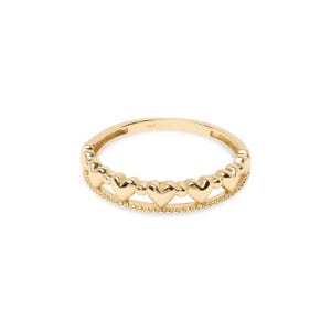 Anel moderno em ouro maciço 14k com corações e detalhes em pérolas - Anel empilhável - Para ela