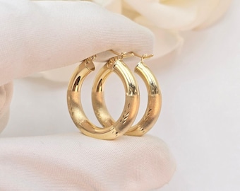 Thick Chunky 14k Gold Diamond Cut & Polished Hoop Earrings - 24mm, 35mm, 45mm, - Gift For Her - Genuine Gold