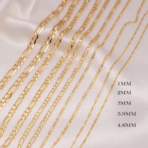 Solid 14k Gold Close Link Figaro Chains - 1MM, 2MM, 3MM, 3.9MM, 4.6MM - For Her - For Him - Real Gold
