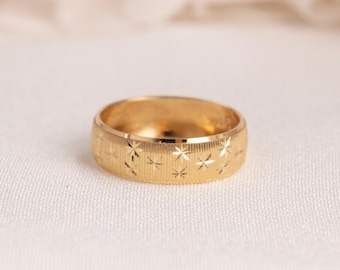 Solid 14k Star Diamond Cut Wedding Band - For Her/For Him - 6MM - Textured- Fine Jewelry