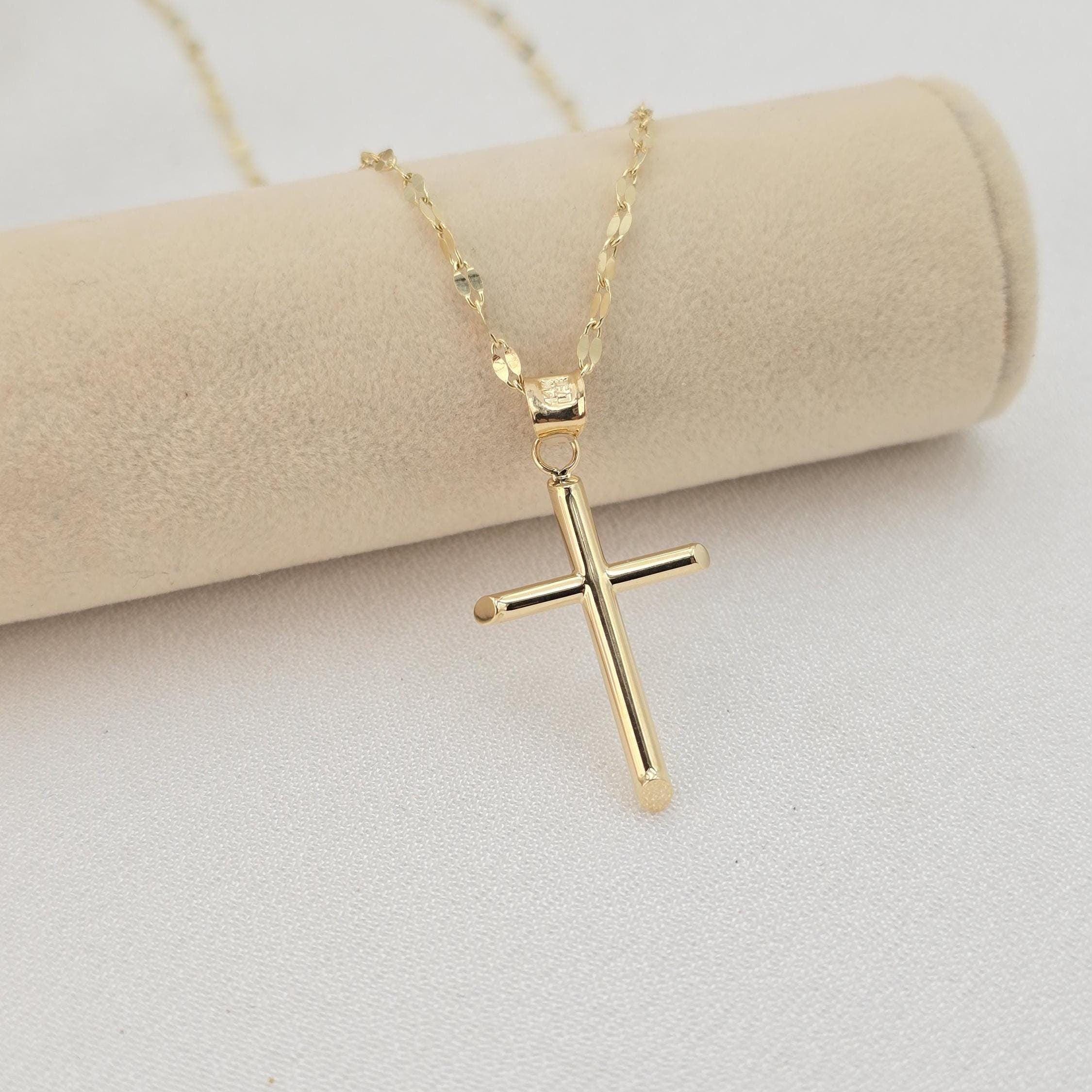 14k Gold Polished Cross Mirror Necklace - 14