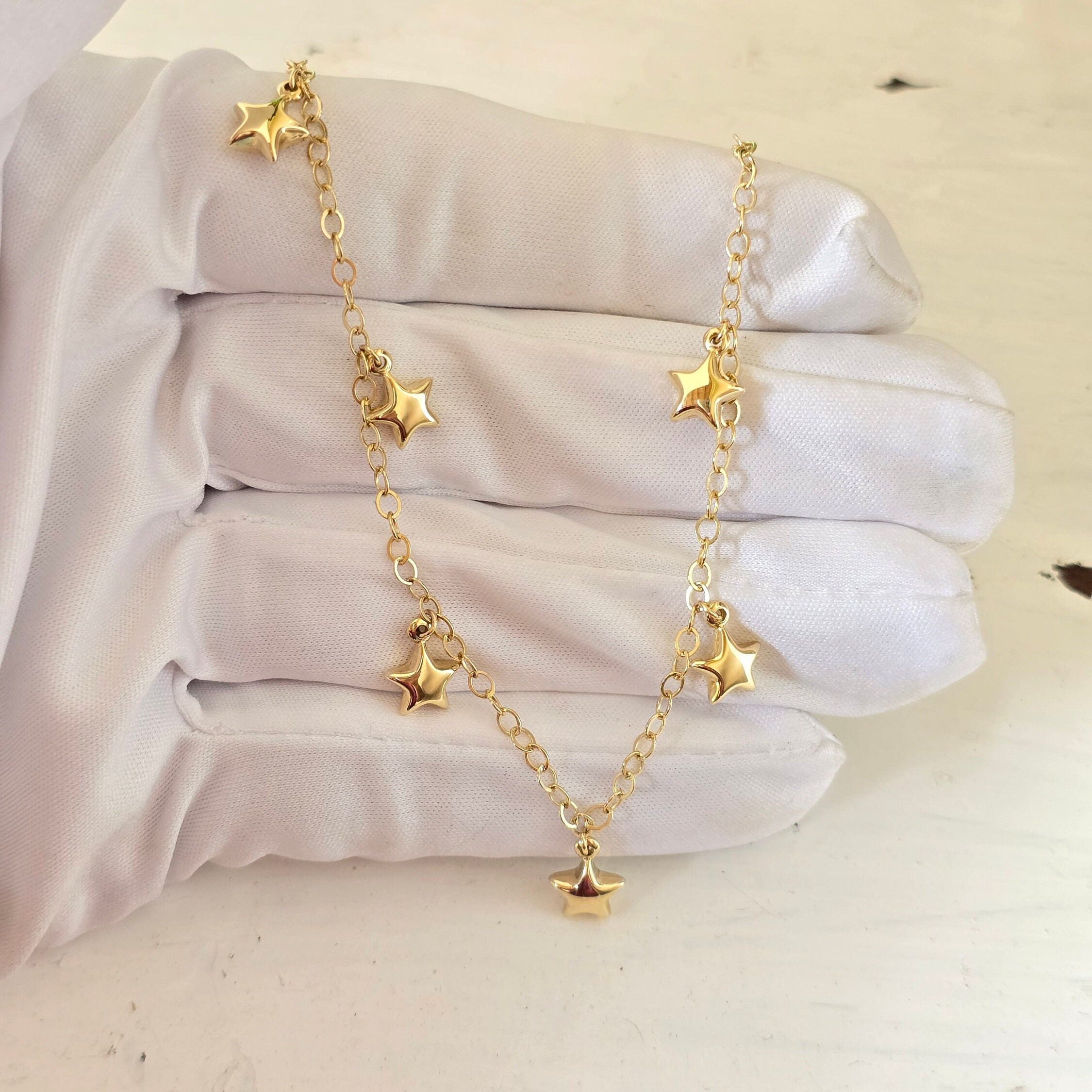 14k Gold Hanging Stars Charms Bracelet - 8