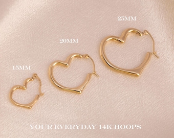 Real 14k Gold Heart Hoops – Everyday Earrings for Women – Perfect Christmas Gift – Fine Jewelry
