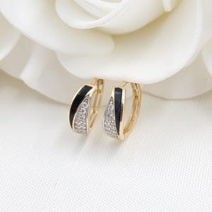 Solid 14k Gold Onyx and CZ Huggies Earrings - Black Earrings - Modern Jewelry - For her - Comfortable And Versatile