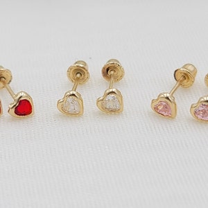 Dainty solid 14k gold 3mm clear Zirconia diamond  heart bezel stud earrings