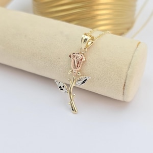 Solid 14k Tricolor Gold Rose Pendant - Meaningful Gift For Her - Mother&#39;s day, Christmas, Birthday Gift