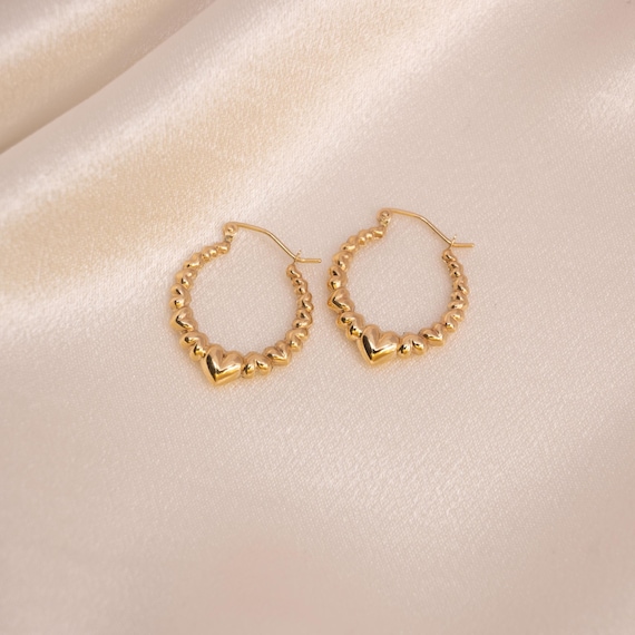 Dainty 14K Gold Puffy Heart Hoop Earrings – 18.9mm Everyday Hoops