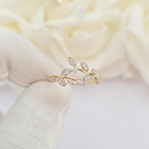 14k Gold Leaf CZ Ring - Nature Inspired Jewelry - Gift For Her - Mother&#39;s day, Birthday Gift, Christmas Gift