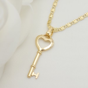 Solid 14k Yellow Gold Valentino Key Heart Necklace - 16&quot;, 18&quot;, 20&quot; - Perfect Gift - For Her - Meaningful Jewelry
