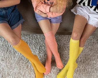 set of 3 knee high children socks - lemon, mustard, peach knee high socks, mustard knee high socks
