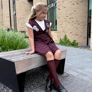 Burgundy Plaid Uniform Dresses for Girls