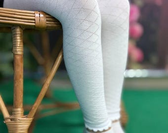 Leggings blancos con estampado de diamantes para niñas / Leggings de algodón para niños / Leggings de punto para niñas pequeñas / Leggings escolares suaves / Pantalones elegantes de algodón para niñas