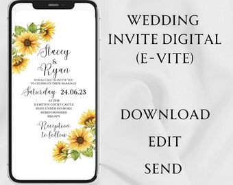 Sunflower digital wedding invitation, electronic invite, iPhone evite , sunflower digital template for wedding, editable template, sms email