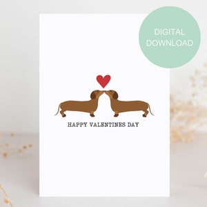 Druckbare Dackel-Valentinstagkarte, Dackel-Grußkarte digitaler Download, zu Hause ausdrucken