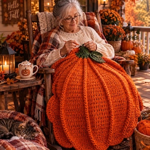 May include: A large, vibrant orange crochet blanket shaped like a pumpkin, featuring prominent vertical ridges and a dark green crocheted stem and leaf detail at the top. The blanket is textured with a consistent stitch pattern throughout the design.