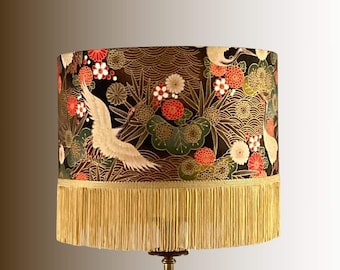 Luxury Oriental Japanese Cranes Lampshade - with Gold Fringe, Tassels